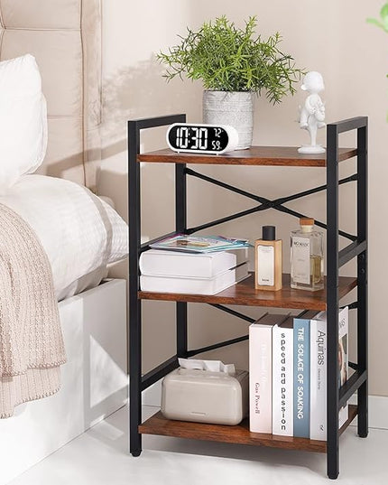 Yoobure Bookshelf Small Book Shelf, Solid Industrial 3 Tier Shelf Bookcase, Short Book Case for Bedroom, Living Room, Office Home, Small Spaces, Berry Brown - LeafyLoom