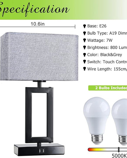 Touch Control Bedside Lamps for Bedrooms Set of 2 Table Lamps for Nightstand with Dual USB Ports, 3-Way Dimmable Modern Desk Lamps for End Table Living Room Office Home Study Room, Grey&Black - LeafyLoom