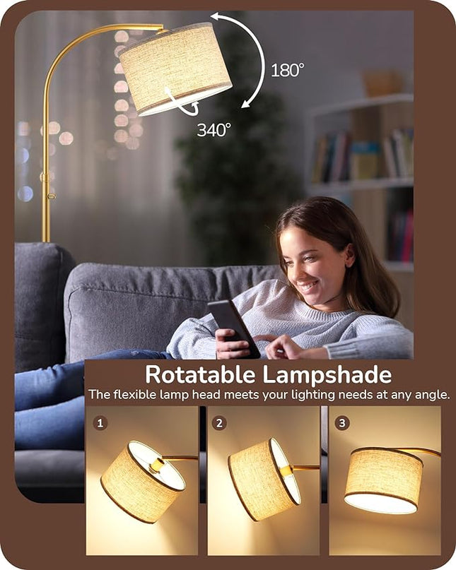 EDISHINE Dimmable Arched Floor Lamp, Gold Standing Lamp with Adjustable Line Lampshade, Rotary Switch, Reading Lights for Living Room, Bedroom, Study Room, Office, LED Bulb Included - LeafyLoom