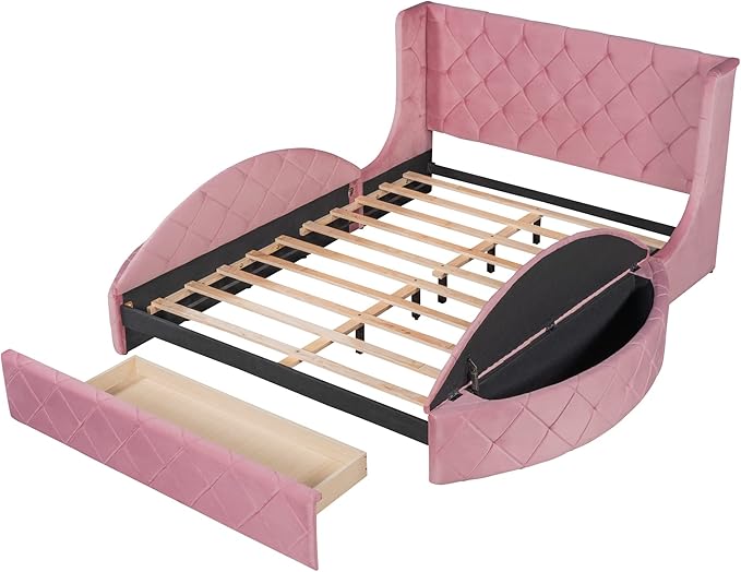 Queen Size Velvet Upholstered Platform Bed with Wingback Headboard, Spacious Drawer, and Convenient Side Storage Stools, Comfort Platform Bed Frame for Home Bedroom, Pink - LeafyLoom