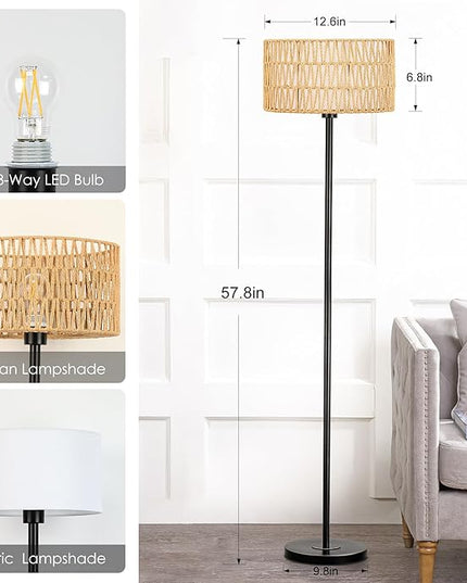 Rattan Floor Lamps for Living Room, Rattan Boho Floor Lamp, Black Metal Floor Lamp with LED Bulb, Rattan Fabric Double Shades, Farmhouse Rustic Floor Lamp, Standing Lamp for Living Room Bedroom Office - LeafyLoom