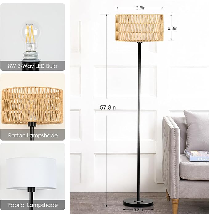 Rattan Floor Lamps for Living Room, Rattan Boho Floor Lamp, Black Metal Floor Lamp with LED Bulb, Rattan Fabric Double Shades, Farmhouse Rustic Floor Lamp, Standing Lamp for Living Room Bedroom Office - LeafyLoom