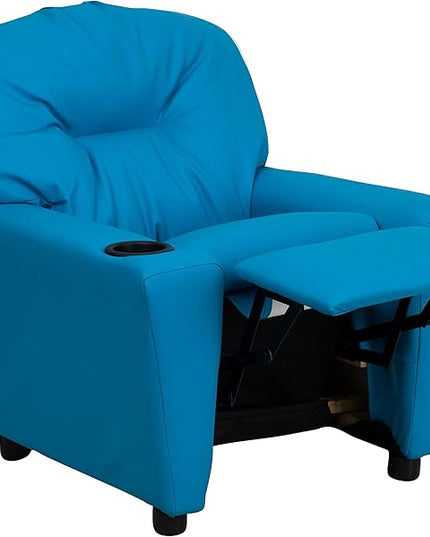 Flash Furniture Chandler Vinyl Kids Recliner with Cup Holder and Safety Recline, Contemporary Reclining Chair for Kids, Supports up to 90 lbs., Turquoise - LeafyLoom