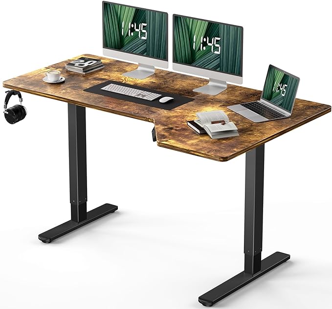 Marsail L Shaped Electric Standing Desk, 55x34 Inch Standing Desk Adjustable Height with Headphone Hook, Large Computer Desk Sit Stand Desk for Home Office Sturdy Writing Workstation, Vintage - LeafyLoom