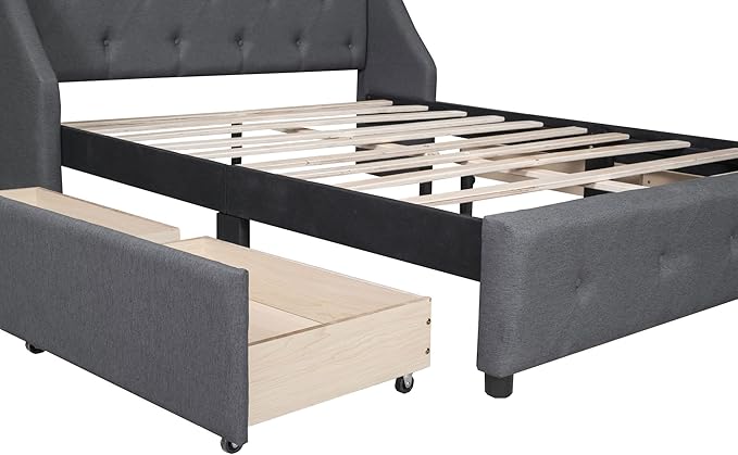 Queen Size Bed Frame with 4 Storage Drawers & Tufted Headboard Linen Upholstered Platform Bed Frame Wingback Beds with Sturdy Wooden Slats Support, Easy Assembly, Noise-Free - LeafyLoom