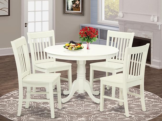 East West Furniture HLNO5-LWH-W 5 Piece Dining Table Set for 4 Includes a Round Kitchen Table with Pedestal and 4 Dinette Chairs, 42x42 Inch, Linen White - LeafyLoom