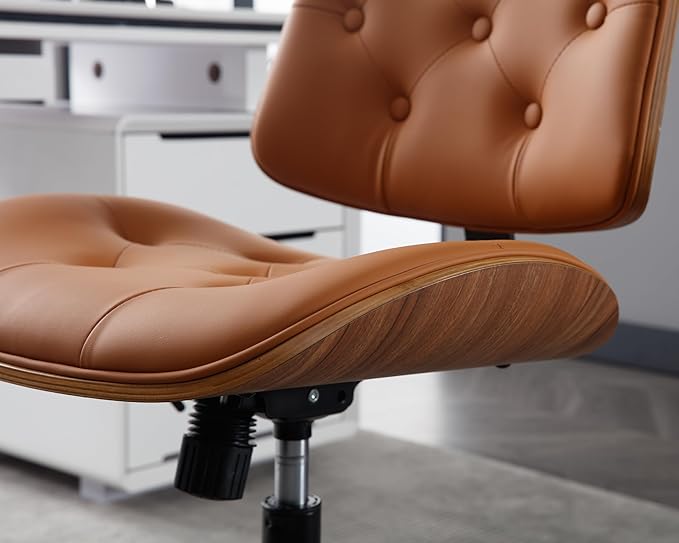 Armless Home Office Chair Modern Walnut Chair with Wheels Mid Back Swivel Computer Chair No arm Adjustable Height Leather Desk Chair for Reading,Meeting Room (Orange) - LeafyLoom