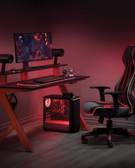 OSP Home Furnishings Area51 Battlestation Gaming Desk with Bluetooth RGB LED Lights, Red - LeafyLoom