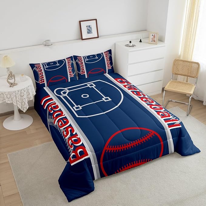 Feelyou Baseball Print Bedding Set Full Size Sports Game Comforter Set for Kids Boys Girls Decor Baseball Gaming Comforter Microfiber Ball Duvet Set Bedroom Quilt Set - LeafyLoom