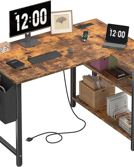 Small L Shaped Desk with Power Outlet Shelves, 40 Inch Corner Desk for Small Space Home Office, Study Work Computer Desks with Charging Station, Rustic Brown - LeafyLoom