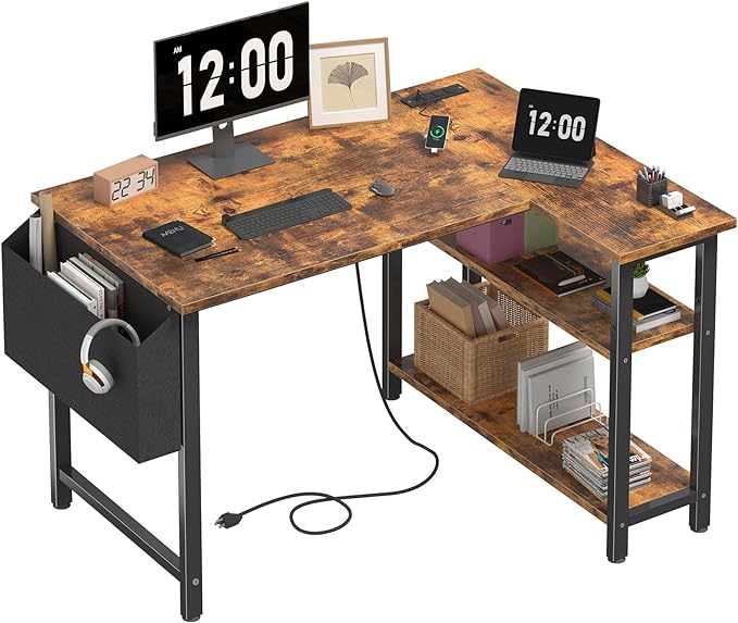 Small L Shaped Desk with Power Outlet Shelves, 40 Inch Corner Desk for Small Space Home Office, Study Work Computer Desks with Charging Station, Rustic Brown - LeafyLoom