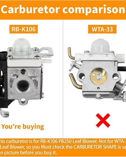 PB250 Carburetor Air Filter kit for Echo ES-250 Leaf Blower RB-K106 PB-250 Blower PB-250LN 165 Mph and 391 Cfm A021003661 Carburetor w Fuel Line - LeafyLoom