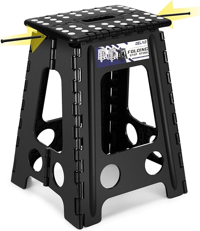 Delxo 17.5 Inch Folding Step Stool, Heavy Duty Foldable Stool for Adults,Premium Portable Collapsible Plastic Step Stool,Non Slip Folding Stools for Kitchen Bathroom Bedroom Up to 400LBS,(Black 1PC) - LeafyLoom