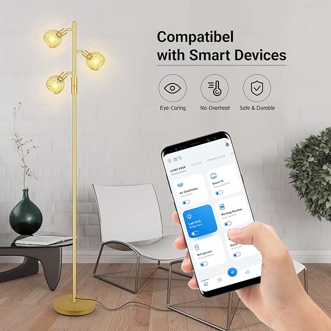 Gold Floor Lamp, Industrial Floor Lamp, Modern Standing lamp with 3 Adjustable Light, 4W E12 LED Bulbs, Metal Stand Up Lamps, Vintage Farmhouse Tree Floor Lamps for Living Room/Bedroom/Office - LeafyLoom