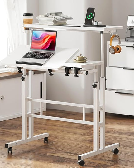 soges Mobile Laptop Sit-Stand Desk, Height Adjustable Standing Tiltable Top Desk, 31.5 inch Stand Up Computer Desk for Home Office, Small Rolling Desk with Cup Holder for Small Space, White - LeafyLoom