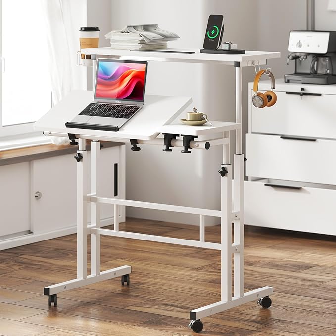 soges Mobile Laptop Sit-Stand Desk, Height Adjustable Standing Tiltable Top Desk, 31.5 inch Stand Up Computer Desk for Home Office, Small Rolling Desk with Cup Holder for Small Space, White - LeafyLoom