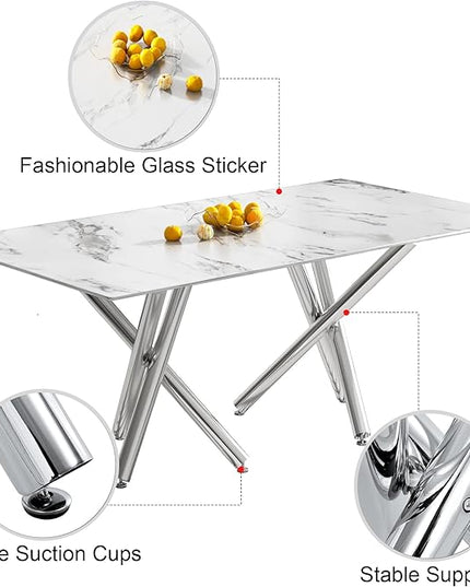 NicBex Large Modern Simple Rectangular Glass Dining Table for 6-8 People with 0.39-Inch White Imitation Marble Desktop and Silver Metal Legs for Banquet Hall, White Marble + Silver - LeafyLoom