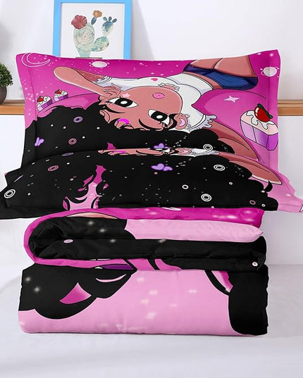 African American Black Girl Comforter Set, Twin Size Bedding Set for girls, Pink Black Girls Bedroom Decor Bed Set, Princess Bedding Set with 1 Comforter and 2 Pillow Cases - LeafyLoom