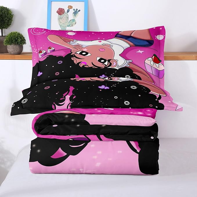 African American Black Girl Comforter Set, Twin Size Bedding Set for girls, Pink Black Girls Bedroom Decor Bed Set, Princess Bedding Set with 1 Comforter and 2 Pillow Cases - LeafyLoom