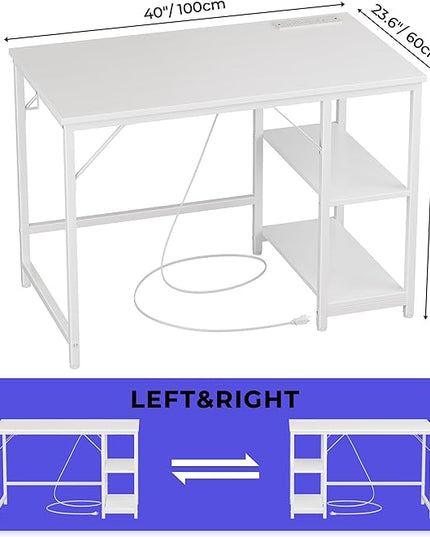 JOISCOPE 40 Inches Small Computer Desk with Table Power Outlets, Home Office Small White Desk with Storage Shelves and USB & Type-C Outlet for Bedroom, Home Office, Morden Simple Writing Table, White - LeafyLoom