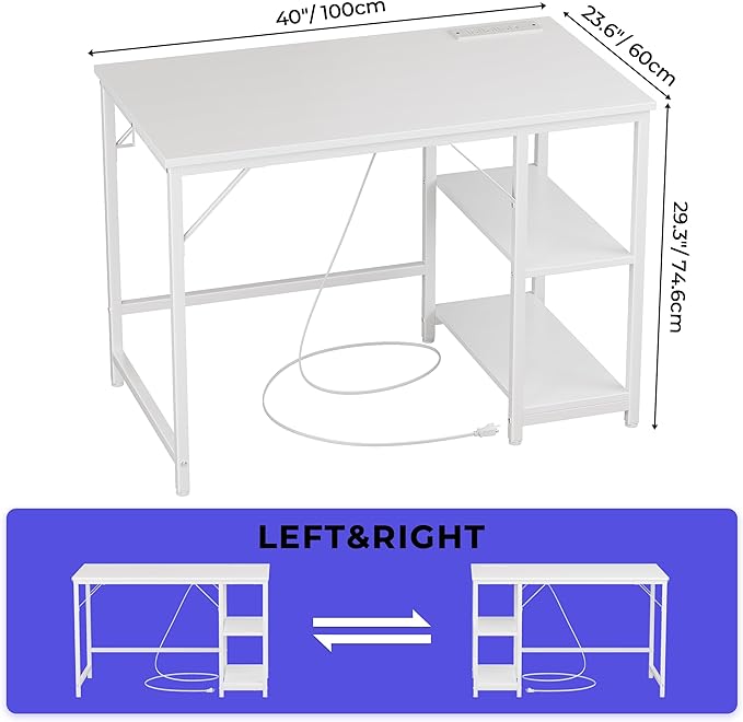 JOISCOPE 40 Inches Small Computer Desk with Table Power Outlets, Home Office Small White Desk with Storage Shelves and USB & Type-C Outlet for Bedroom, Home Office, Morden Simple Writing Table, White - LeafyLoom