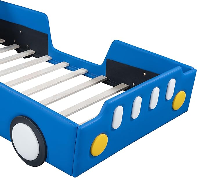 Twin Size Race Car Bed with Wheels,Kids Car-Shaped Beds W/Safety Guardrail,Slats Support,Easy Assembly,Wooden Platform Bedframe for Boys Toddlers Child's Bedroom,Blue PU - LeafyLoom