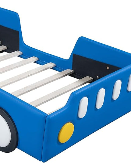 Twin Size Race Car Bed for Kids, PU Car-Shaped Bedframe with Wheels and Side Rails for Boys,Girls, Wood Slat Support, No Box Spring Needed,Blue - LeafyLoom