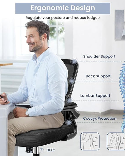 Office Chair, Ergonomic Desk Chair with Lumbar Support and Adjustable Armrests, Comfy Desk Chair Breathable Mesh Mid Back Computer Chair, Reclining Office Chair for Home Office - Black - LeafyLoom