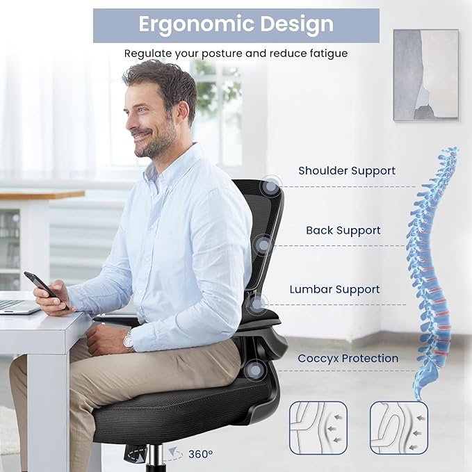 Office Chair, Ergonomic Desk Chair with Lumbar Support and Adjustable Armrests, Comfy Desk Chair Breathable Mesh Mid Back Computer Chair, Reclining Office Chair for Home Office - Black - LeafyLoom