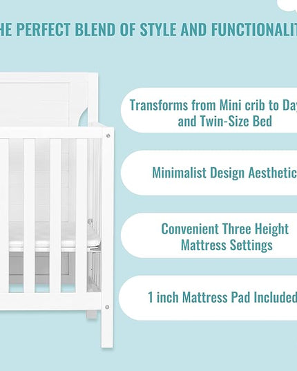 Bellport 4 in 1 Convertible Mini/Portable Crib In White, Non-Toxic Finish, Made of Sustainable New Zealand Pinewood, With 3 Mattress Height Settings - LeafyLoom