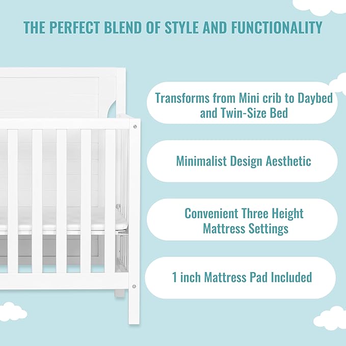 Bellport 4 in 1 Convertible Mini/Portable Crib In White, Non-Toxic Finish, Made of Sustainable New Zealand Pinewood, With 3 Mattress Height Settings - LeafyLoom