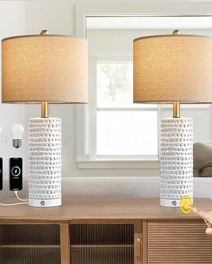 PORTRES 24" Farmhouse 3-Way Dimmable Touch Ceramic Table Lamp Set of 2 for Bedroom White Bedside Lamps with USB A+C Charging Ports for Living room Nightstand Lamp End Table lamps - LeafyLoom