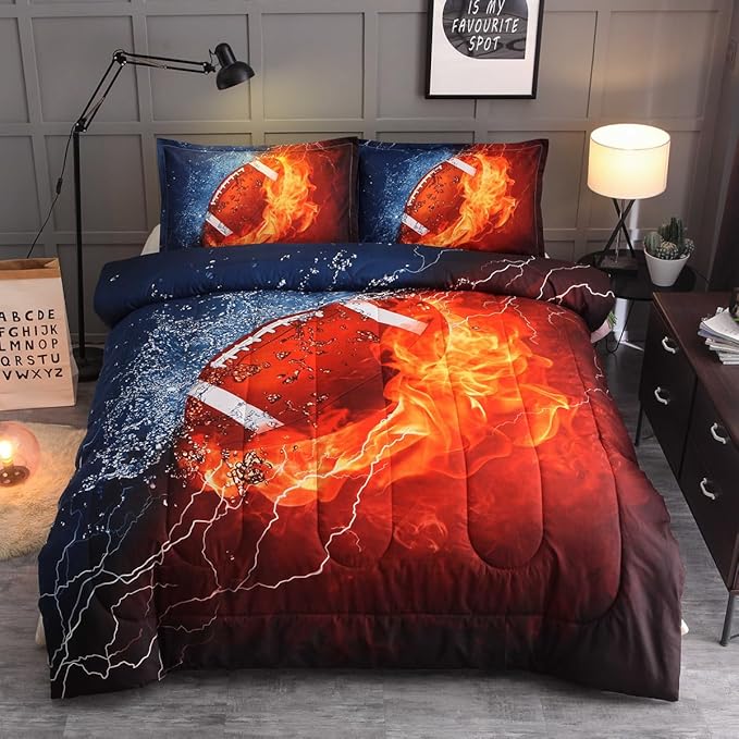 NTBED American Football Comforter Set for Boys Teens,3D Sports Bedding Full Size 6pcs,Rugby Printed Quilt Sets with 2 Matching Pillow Shams - LeafyLoom