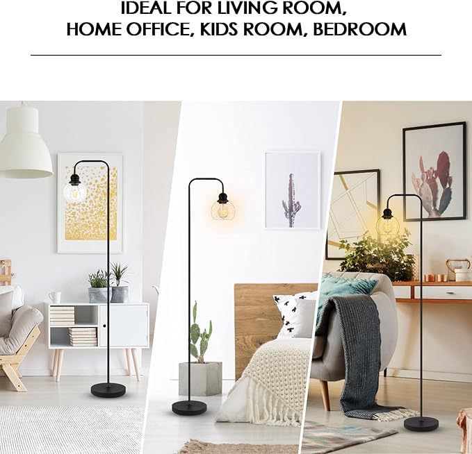 Modern Floor Lamp for Living Room with 6W LED Bulb, Industrial Floor Lamp, Seeded Glass, Black Classic Reading Tall Lamp for Home Office, Standing Lamps for Bedroom, Minimalist, Vintage, Farmhouse - LeafyLoom
