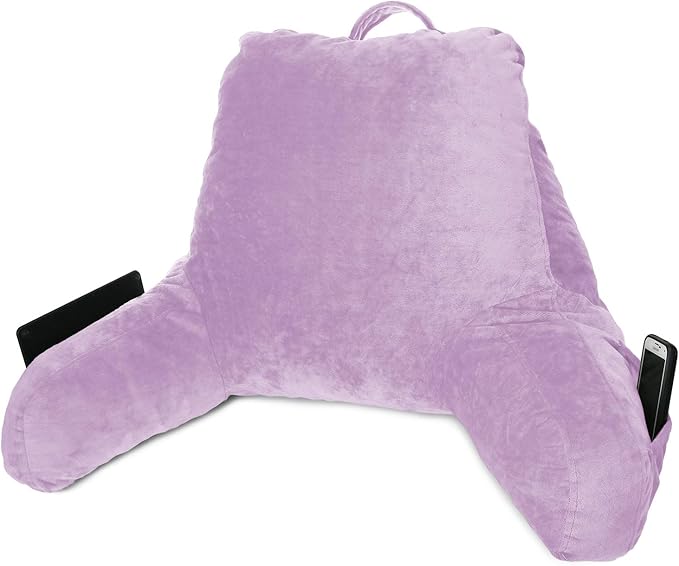 Clara Clark Reading Pillow, Standard Back Pillow for Sitting Up in Bed, Memory Foam Back Support Pillow, Reading Pillows for Sitting in Bed Lavender Sit Up Pillow for Bed Chair Arm Pillow with Pockets - LeafyLoom