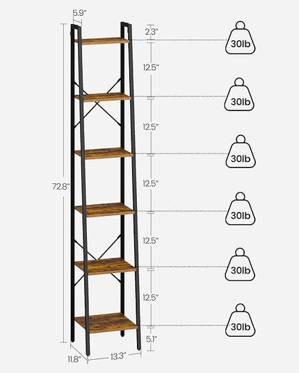 Ladder Shelf, Bookshelf Bookcase, Freestanding Corner Storage Shelve with 2 Hooks for Home Office, Living Room, Kitchen, Bedroom, Industrial, 6-Tier Rustic Brown BC13301B - LeafyLoom