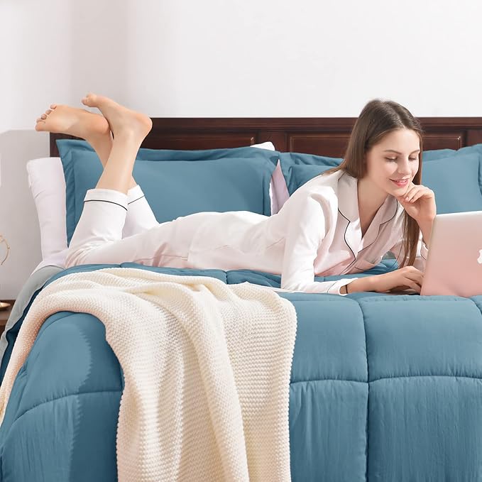 Basic Beyond Queen Comforter Set - Fluffy Comforter Queen Set for All Seasons - Reversible Blue Comforter Set Queen for Mens - 3 Pieces (1 Comforter + 2 Pillow Shams) - Blue/Grey - LeafyLoom