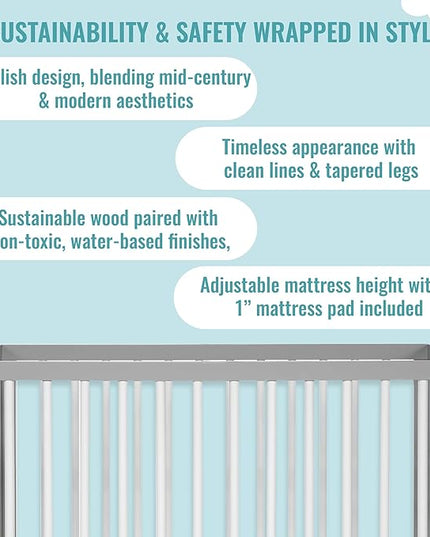 Lucas Mini Modern Crib with Rounded Spindles, 39"L x 25.5"W x 33"H - LeafyLoom