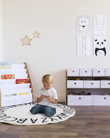 Humble Crew Kids Toy Organizer with 9 Collapsible Fabric Storage, Natural Wood and White Bins - LeafyLoom
