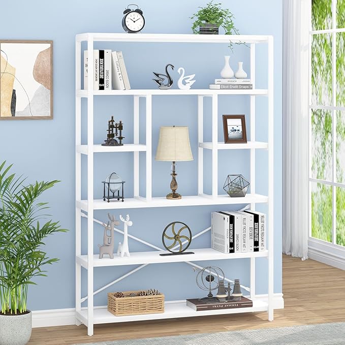 LVB 6 Tier Tall White Bookshelf, Big Metal Wooden Book Shelves Storage, Modern Large Bookcases and Bookshelves 6 Shelf, Farmhouse Open Vertical Display Book Shelf for Bedroom Living Room Office, White - LeafyLoom