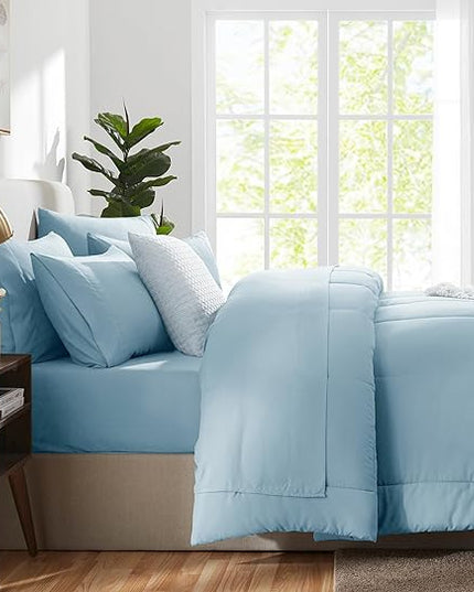 CozyLux Full Size Comforter Sets - 7 Pieces Bed in a Bag Set Light Blue, Bedding Sets Full with All Season Quilted Comforter, Flat Sheet, Fitted Sheet, Pillowcases, Light Blue, Full - LeafyLoom