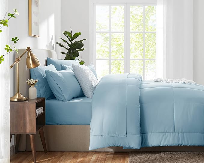 CozyLux Queen Size Comforter Sets - 7 Pieces Bed in a Bag Set Light Blue, Bedding Sets Queen with All Season Quilted Comforter, Flat Sheet, Fitted Sheet, Pillowcases, Light Blue, Queen - LeafyLoom