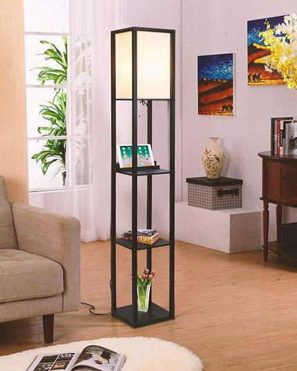 Brightech Maxwell – Modern Shelf Floor Lamp with USB Ports, Wireless Charging & Outlet – Versatile Corner Display and Lamp with Shelves, Storage Solution for Living Room, Office, Bedroom – Black - LeafyLoom