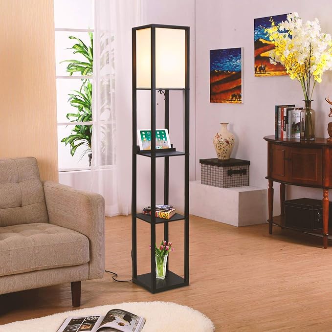 Brightech Maxwell – Modern Shelf Floor Lamp with USB Ports, Wireless Charging & Outlet – Versatile Corner Display and Lamp with Shelves, Storage Solution for Living Room, Office, Bedroom – Black - LeafyLoom