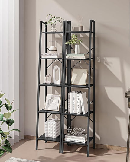 Ladder Shelf, Bookshelf Bookcase, Freestanding Corner Storage Shelve with 2 Hooks for Home Office, Living Room, Kitchen, Bedroom, Industrial, 5-Tier Black BC03204B - LeafyLoom