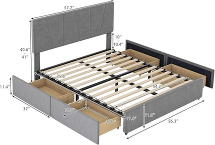 Full Size Upholstery Platform Bed with 4 Storage Drawers on Two Sides, Adjustable Velvet Headboard and Footboard, No Box Spring Needed, Gray - LeafyLoom