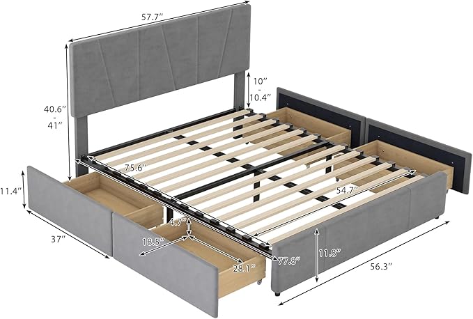 Full Size Upholstery Platform Bed with 4 Storage Drawers on Two Sides, Adjustable Velvet Headboard and Footboard, No Box Spring Needed, Gray - LeafyLoom