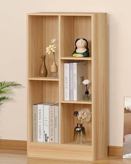 LEYAOYAO 5 Cube Mid-Century Modern Natural Wood Bookshelf with Base, 3 Tier Storage Organizer Shelf, Rustic Wood Display Cabinet for Bedroom, Living Room, Office - LeafyLoom