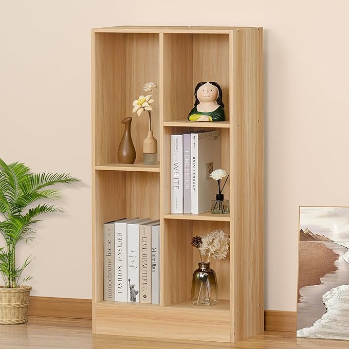 LEYAOYAO 5 Cube Mid-Century Modern Natural Wood Bookshelf with Base, 3 Tier Storage Organizer Shelf, Rustic Wood Display Cabinet for Bedroom, Living Room, Office - LeafyLoom