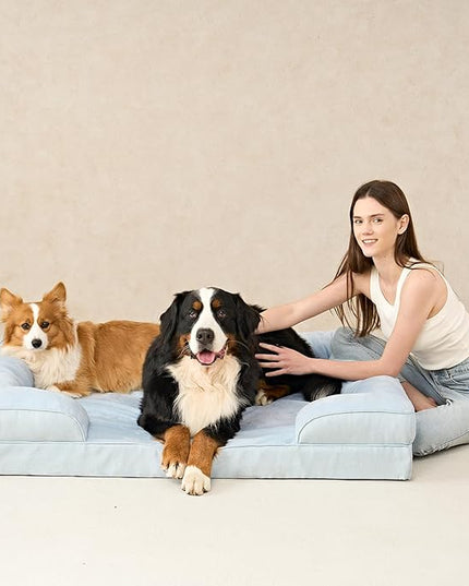 EHEYCIGA Orthopedic Dog Bed for Large Dogs, Waterproof Memory Foam with Sides, Non-Slip Bottom and Egg-Crate Foam Couch Bed with Washable Removable Cover, Light Blue EHEYCIGA